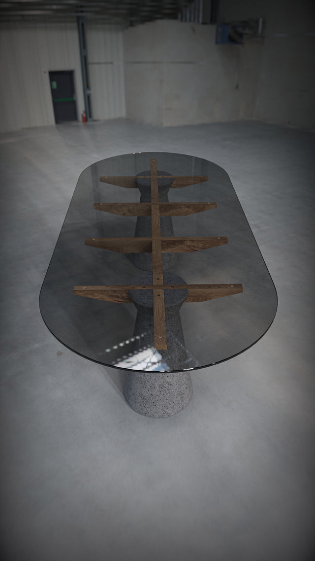 Dining table made of Lava Stone, solid wood and smoked glass