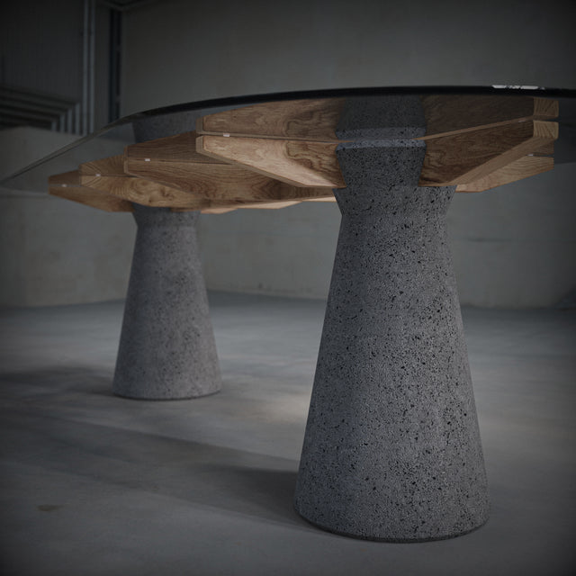 Dining table made of Lava Stone, solid wood and smoked glass