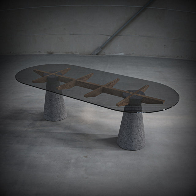 Dining table made of Lava Stone, solid wood and smoked glass