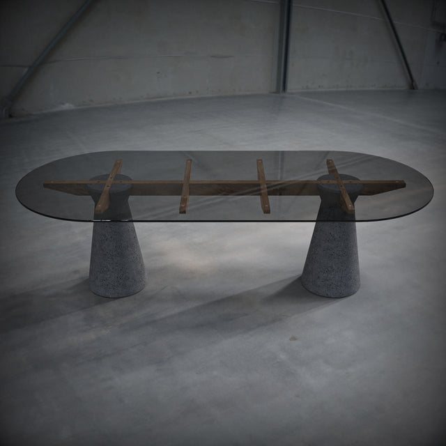 Dining table made of Lava Stone, solid wood and smoked glass