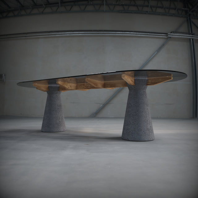 Dining table made of Lava Stone, solid wood and smoked glass